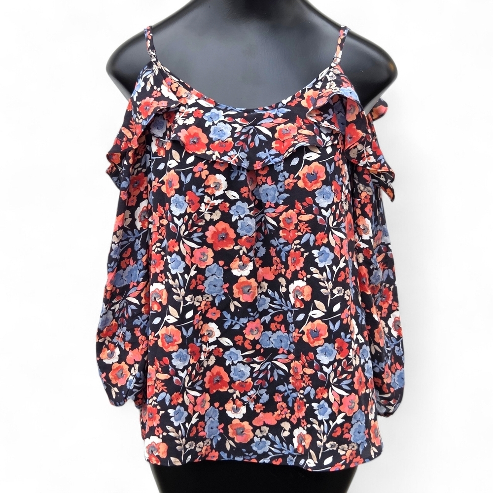 Joie 100% Silk Navy Floral Cold Shoulder Blouse Size Medium Excellent Condition!